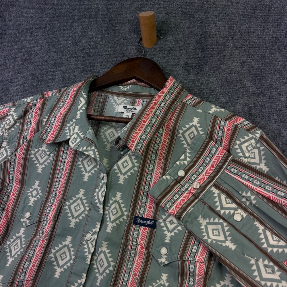 Wrangler Retro Western Snap Shirt Womens XXL Green Southwestern Geometric Cotton